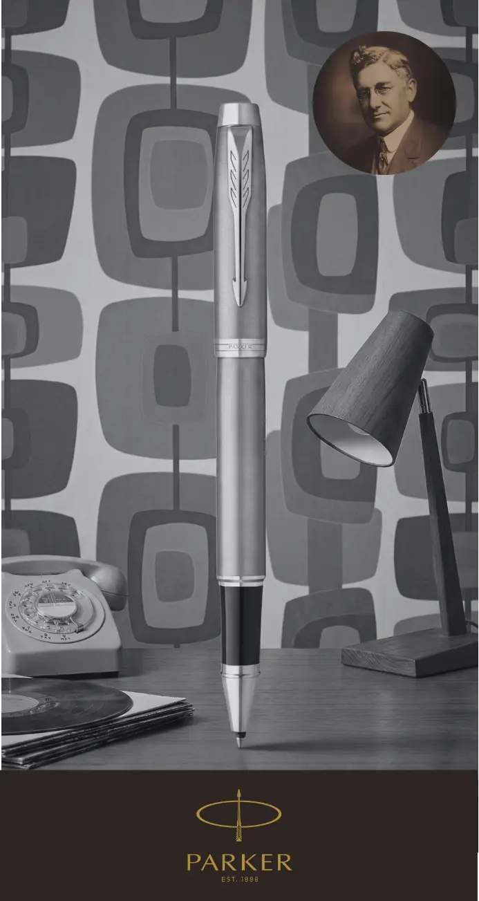 Parker Pens: Tradition und Geschichte Silberner Parker Pen vor Retro-Hintergrund und Portrait des Gründers, eine visuelle Hommage an die Parker Kugelschreiber Geschichte und Tradition seit 1888.