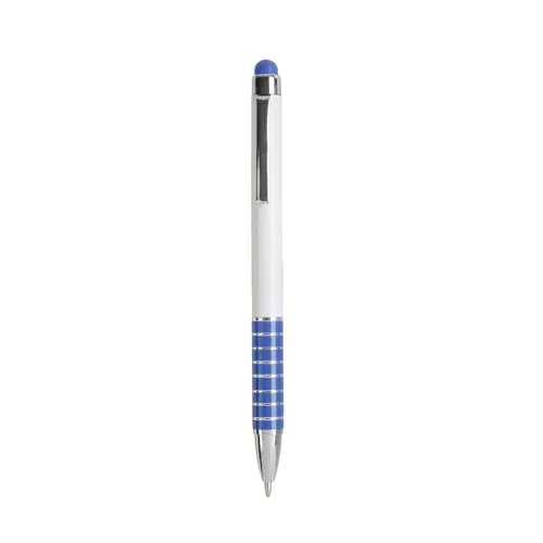 Twist pen with white plastic barrel and coloured aluminium grip, matching the touchscreen