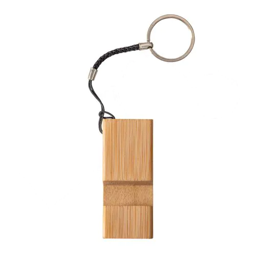 Rectangular bamboo keychain with mobile phone stand Rectangular bamboo keychain with mobile phone stand