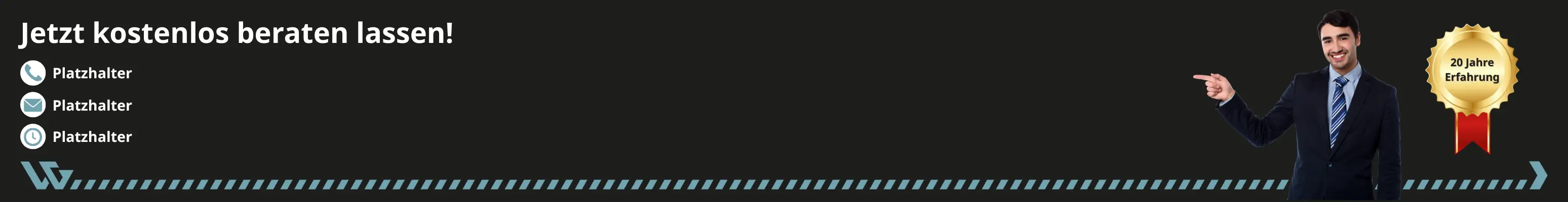 Jetzt kostenlos zu Giveaways beraten lassen Dunkles Informations-Banner mit der Aufschrift "Jetzt kostenlos beraten lassen!", zeigt einen lächelnden Experten, der auf die Kontaktmöglichkeiten für Giveaways und das Siegel "20 Jahre Erfahrung" verweist.