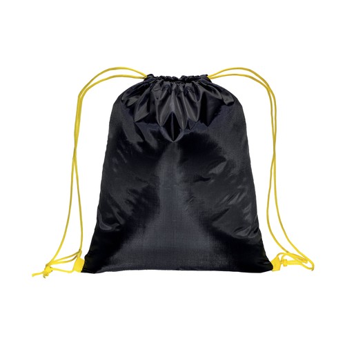 210T black polyester backpack with choke closure and colored cords