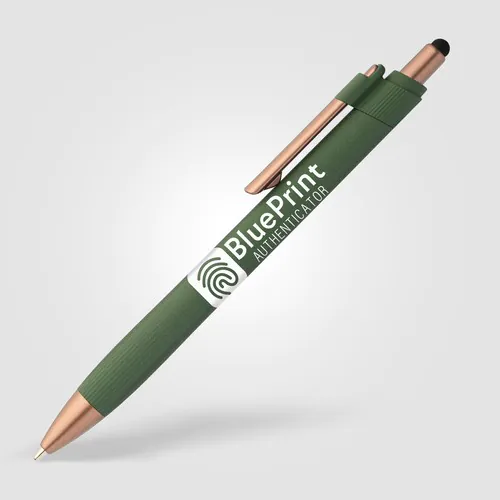 Penna a sfera York con gommino touch-screen in plastica riciclata con dettagli in bronzo
