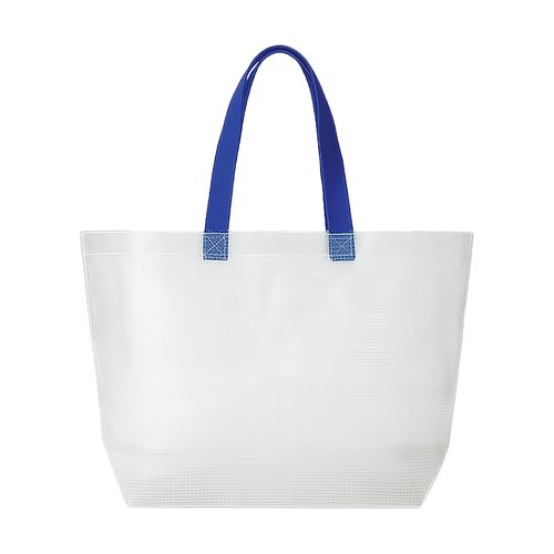 Transparent laminated PP shopper bag 110 g/m2. Long colored polyester handles and gusset Transparent laminated PP shopper bag 110 g/m2. Long colored polyester handles and gusset