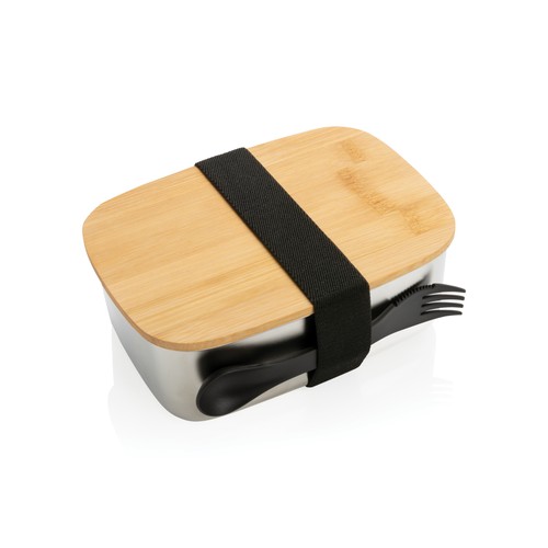 Roestvrijstalen lunchbox met bamboe deksel en spork Roestvrijstalen lunchbox met bamboe deksel en spork