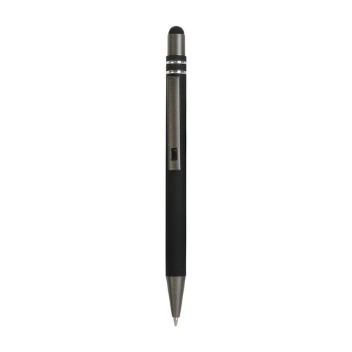 Penna a scatto in alluminio gommato con decorazione a 2 anelli e particolari bruniti con t Penna a scatto in alluminio gommato con decorazione a 2 anelli e particolari bruniti con t