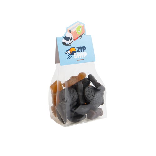 Block bag with header card in your own shape and 100 grams of candy Block bag with header card in your own shape and 100 grams of candy