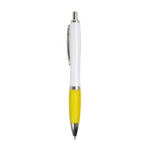 Penna a scatto in plastica ABS, con fusto bianco, impugnatura colorata gommata Penna a scatto in plastica ABS, con fusto bianco, impugnatura colorata gommata