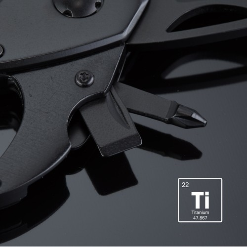 MULTIFUNCTIONELE TOOL VAN TITANIUMGECOAT STAAL OPTIMA MET KARABIJNHAK MULTIFUNCTIONELE TOOL VAN TITANIUMGECOAT STAAL OPTIMA MET KARABIJNHAK