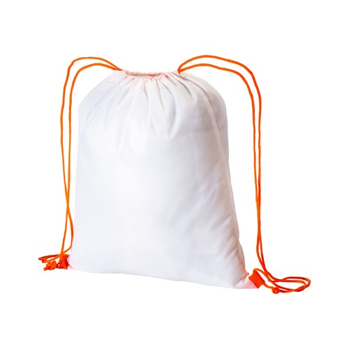 210T white polyester backpack with choke closure and colored cords