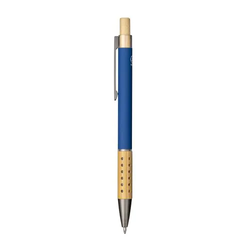 Rubberized recycled aluminum snap pen. Burnished details , bamboo button and grip