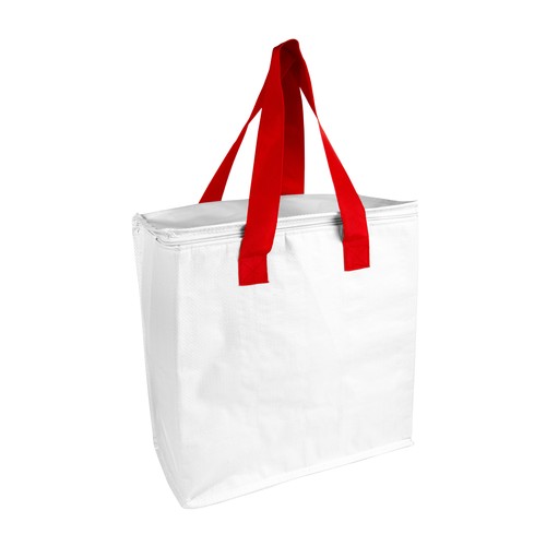 Laminated PP cooler bag 120 g/m2, coloured handles, zipper closure Laminated PP cooler bag 120 g/m2, coloured handles, zipper closure