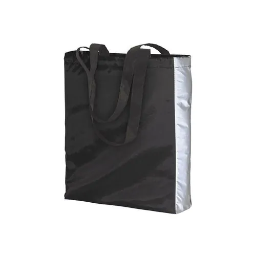 Polyester shopping bag with reflective side, long handles and gusset