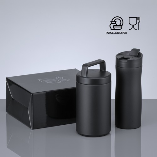 Porcelain Set: thermal mug 630 ml and foodjar 800 ml with porcelain coating Porcelain Set: thermal mug 630 ml and foodjar 800 ml with porcelain coating