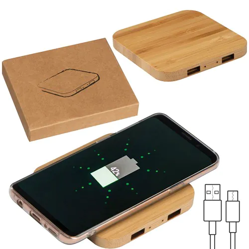 Bamboo Wireless Charger with 2 USB ports