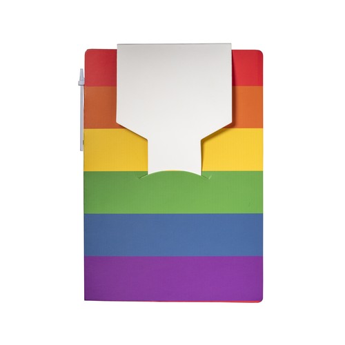 Paper notepad with rainbow cover, white ruled sheets, sticky notes and pen Paper notepad with rainbow cover, white ruled sheets, sticky notes and pen