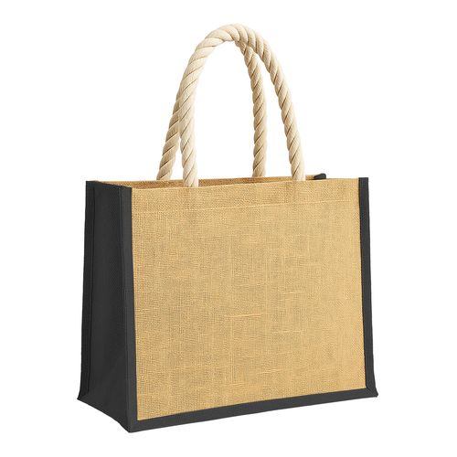 Jute bag with long rope handles and coloured inserts. With gusset Jute bag with long rope handles and coloured inserts. With gusset