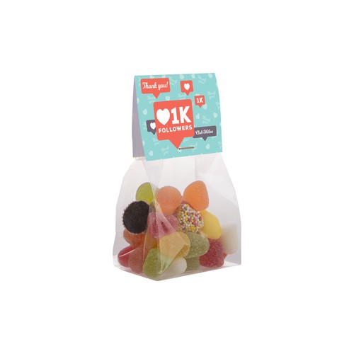 Blokzakje met kopkaartje en 100 gram snoep Blokzakje met kopkaartje en 100 gram snoep