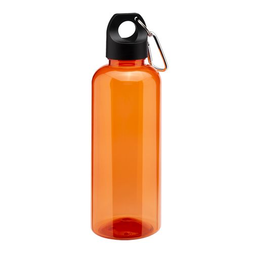 Botella transparente de PET reciclado 580 ml. Tapon de plastica con mosqueton
