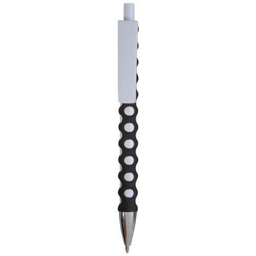 Plastic snap pen with white barrel, clip and button