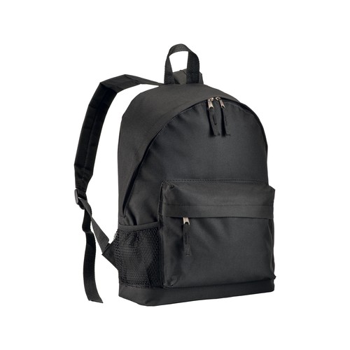 600D polyester 3-pocket backpack (one mesh side pocket). Adjustable shoulder straps
