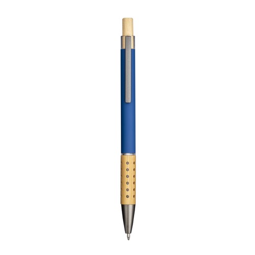 Rubberized recycled aluminum snap pen. Burnished details , bamboo button and grip