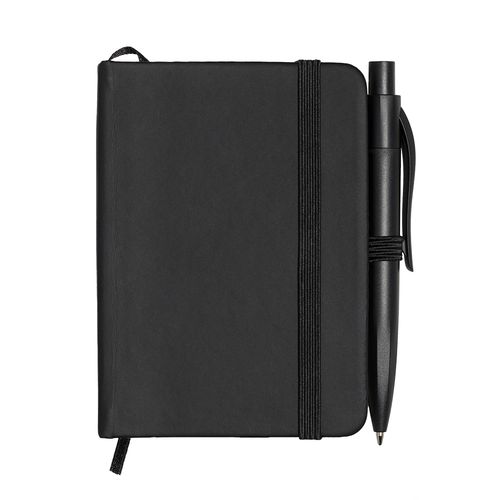 Notebook set with hard PU cover and mini pen. Elastic closure satin bookmark and box