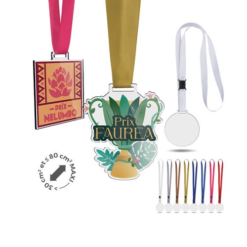 3MM THICK AND 30 TO 80CMv PLASTIC (PMMA) MEDAL WITH SATIN CORD