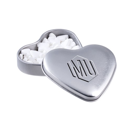 Heart shaped tin with embossing and filled with peppermint
