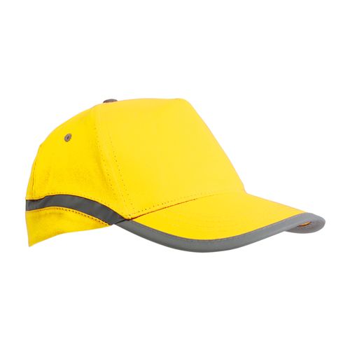 High-visibility, cotton 5-panel cap with reflective strips and adjustable velcro strap High-visibility, cotton 5-panel cap with reflective strips and adjustable velcro strap