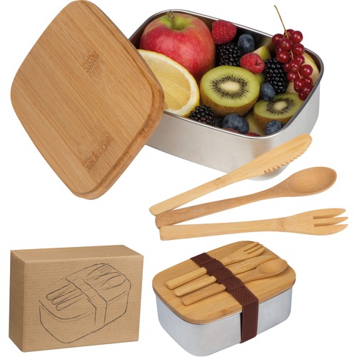 Grote lunchbox met bestek en deksel van bamboe