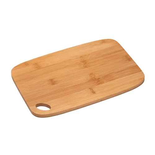 Bamboo kitchen cutting board with rounded corners and hanging hole.