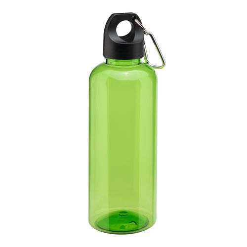 Botella transparente de PET reciclado 580 ml. Tapon de plastica con mosqueton