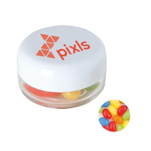 Boîte plastique ronde avec jelly beans Boîte plastique ronde avec jelly beans