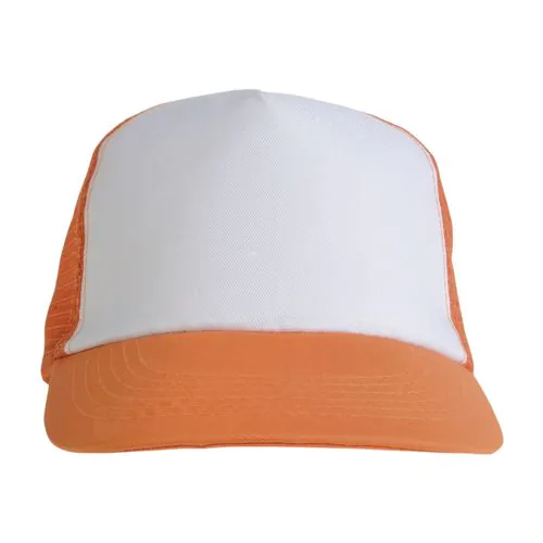 Polyester 5-panel cap with mesh crown and adjustable velcro strap