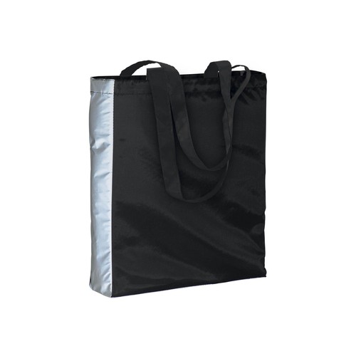 Polyester shopping bag with reflective side, long handles and gusset