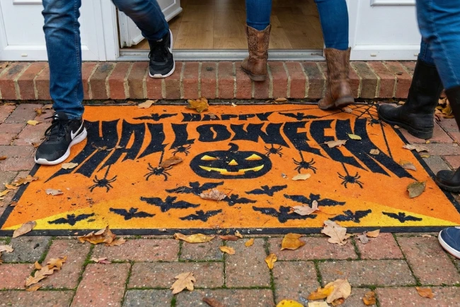 Bedruckte Fußmatte als Halloween-Empfang Personen laufen über eine orange-schwarze Matte mit "Happy Halloween"-Schriftzug und Fledermäusen im Eingangsbereich, ein Beispiel für nutzbare individualisierte Halloween Werbeartikel.