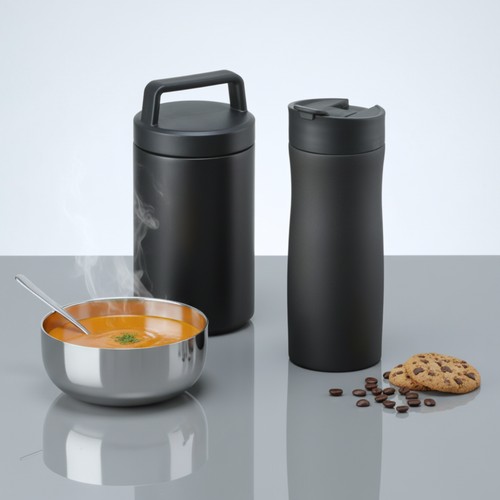 Porcelain Set: thermal mug 630 ml and foodjar 800 ml with porcelain coating Porcelain Set: thermal mug 630 ml and foodjar 800 ml with porcelain coating