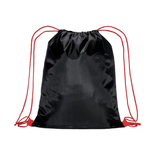 210T black polyester backpack with choke closure and colored cords