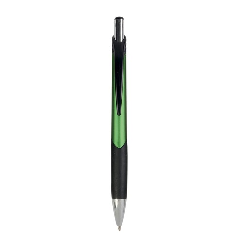 Penna a scatto in plastica con fusto metallizzato, impugatura gommata nera Penna a scatto in plastica con fusto metallizzato, impugatura gommata nera