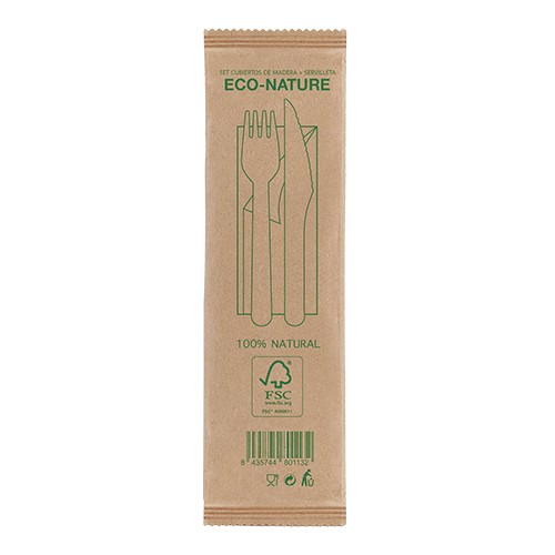 Disposable wooden cutlery set, contained in a sing Akebia