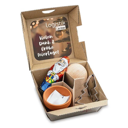 Coffret cadeau de Noël - Pot en argile avec graines d'épicéa, Père Noël en chocolat, sapin en forme de pâtisserie, flatteur de main