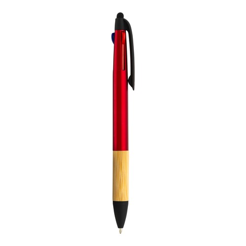 Penna a scatto in plastica con 3 refill, con gommino per touch screen, impugnatura in bamb Penna a scatto in plastica con 3 refill, con gommino per touch screen, impugnatura in bamb