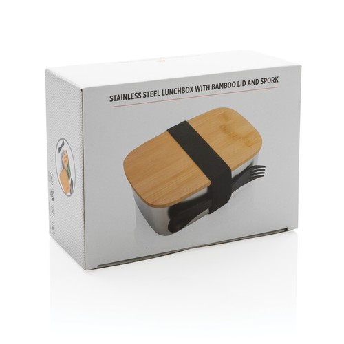 Roestvrijstalen lunchbox met bamboe deksel en spork Roestvrijstalen lunchbox met bamboe deksel en spork