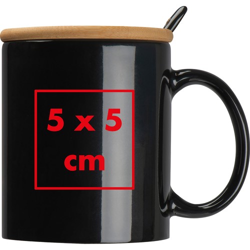 Ceramic mug with spoon and bamboo lid
