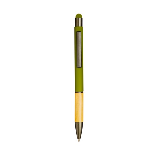 Penna a scatto in alluminio gommato con impugnatura in bambù e gommino touch