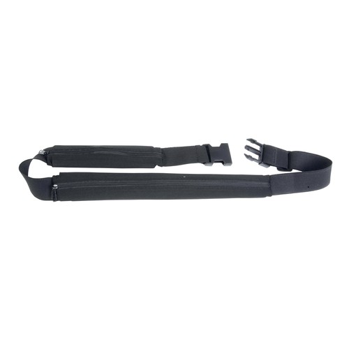 Slim, spandex 2-pocket waist bag with adjustable waist strap and clip closure