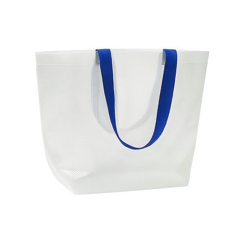 Transparent laminated PP shopper bag 110 g/m2. Long colored polyester handles and gusset