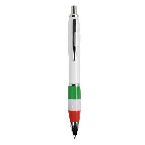 ABS plastic snap pen with white barrel, Italian flag-coloured grip and metal clip