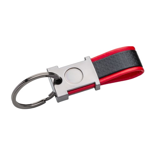 Porte-clés en métal bruni et PU bicolore, avec un espace adapté au logo en résine Porte-clés en métal bruni et PU bicolore, avec un espace adapté au logo en résine