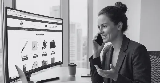 Jetzt Anfrage für Werbegeschenke stellen Geschäftsfrau telefoniert vor dem geöffneten Online-Shop, Symbolbild für das Stellen einer persönlichen Anfrage für Werbegeschenke und die Beratung.